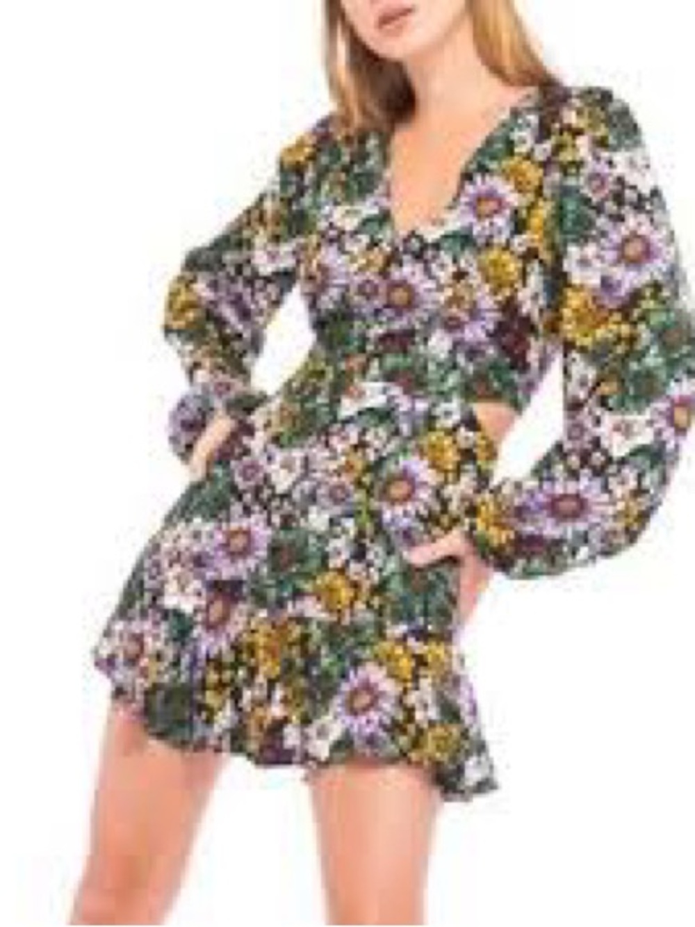 AFRM Floral V-Neck Long Sleeve Mini Dress - Small